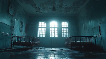 Eerie abandoned asylum interior with beds and barred windows in haunting light