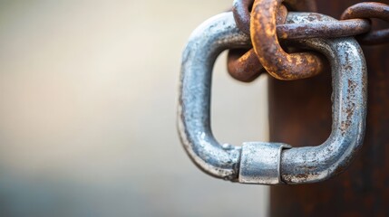 Naklejka premium Close-up of Rusted Chain Looped through Metal Carabiner Clip, Showing Contrast and Security Concept