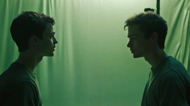 Two young male actors stand facing each other, rehearsing lines against a green screen backdrop on a film set, practicing their dialogue and expressions for an upcoming scene
