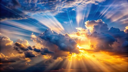 A majestic cloudy sky with sun light beams breaking through the gaps in the clouds, creating a dramatic and serene atmosphere