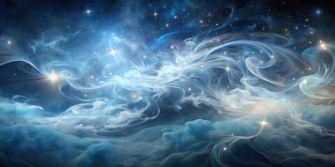 Ethereal misty atmosphere with swirling clouds of blue grey smoke and wispy tendrils of gas in a celestial expanse, clouds, abstract background