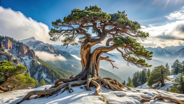 Ancient, weathered trunk of Pinus cembra tree with twisted roots and branches