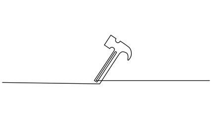 Single line drawing of a hammer on a surface