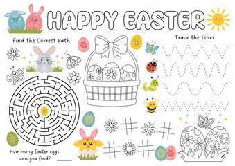 Easter activity placemat for kids, kids coloring page, party games. Holiday table activity for Easter party. Easter activity mat, logical games, maze, tracing lines. Easter worksheet for preschool.