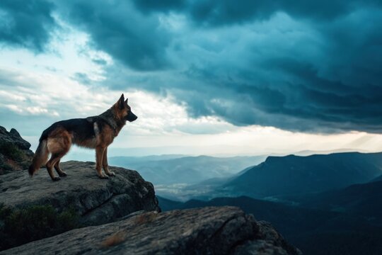 Majestic german shepherd standing on rocky outcrop overlooking vast mountain landscape nature photography dramatic cloudy sky outdoor adventure scenic viewpoint