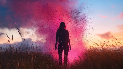 Silhouette Woman Pink Dust Sunset Field Grass Magical Scene sky art girl hope calm power peace image