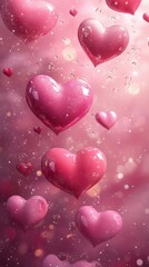 Floating hearts create a dreamy atmosphere with bubbles against a pink background