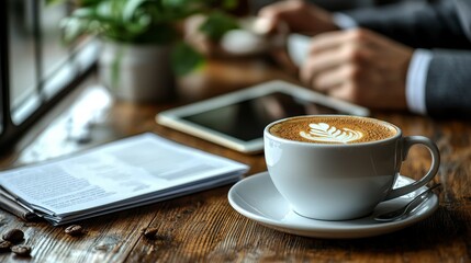 Professional Holding Coffee Cup with Plant and Tablet on Wooden Table