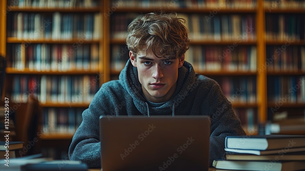 Aufkleber in a quiet library, a young man with tousled hair works intently on a laptop, exploring complex conc