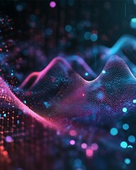 Digital Landscape of Data: A mesmerizing digital landscape, comprised of glowing particles forming undulating waves, creating an abstract visual symphony of light and color.