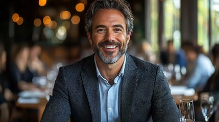 Fototapeta premium Professional Man Smiling in Elegant Restaurant Setting with Warm Lighting