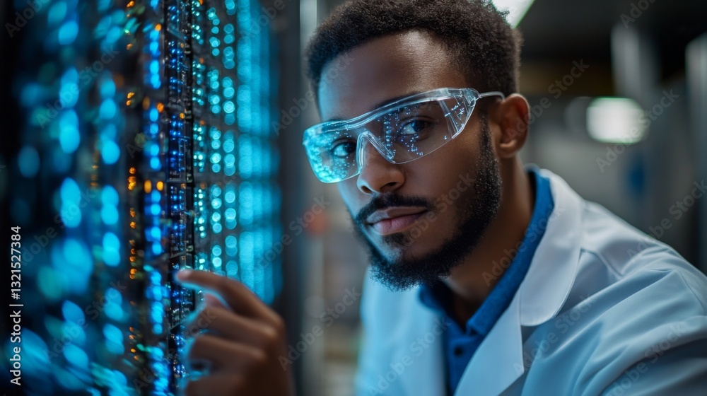 Fototapete A researcher in a lab focuses intently on a quantum computing system. The high-tech environment showcases advanced technologies related to qubits and superposition phenomena.