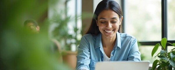 Smiling young indian woman works on laptop, surrounded by indoor plants freshness. Freelancer using notebook at home office. Environmentally friendly workplace, modern entrepreneurship, online job,