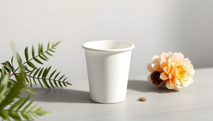8 oz. white coffee paper cup mockup without lid, Dreamy. White tone