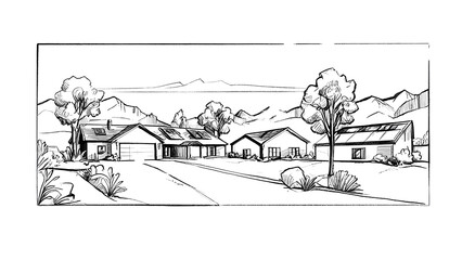 Obraz premium Modern homes with solar panels in a serene landscape isolated on transparent background