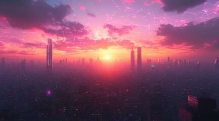 Futuristic Cyberpunk Cityscape with Neon Lights and Digital Networks