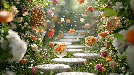 Diet transition depicted as a mystical path where unhealthy foods morph into vibrant, nourishing meals : Healthy Eating Concept