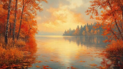 Autumn Lakeside Scene with Vibrant Leaves and Reflective Water
