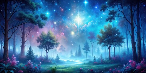 Fototapeta premium A serene forest with a misty atmosphere, vibrant shades of blue and pink hues, lush greenery, and twinkling stars in the night sky , whimsical background, forest
