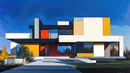 Modern architectural design showcasing a vibrant facade with geometric shapes against a clear blue sky