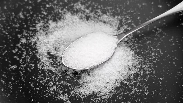 Metal spoon of iodized coarse salt on a dark ceramic surface. Scattered white granules contrast with black background. Top view. Rotation