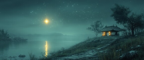 Minimalist Night Scene with Guiding Star and Small Temple on Hill
