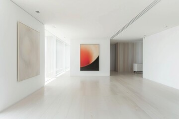 A minimalistic interior space featuring modern artwork, bright light, and a clean aesthetic, emphasizing open design and simplicity.