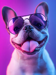 Adorable French Bulldog Wearing Stylish Sunglasses in Vibrant Neon Lighting