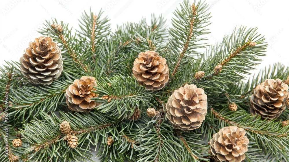 Poster pine tree branches with fresh green needles and small cones.