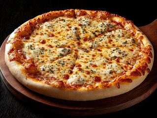 Close-up of a freshly baked four cheese pizza with gooey melted cheese, crispy edges, and a rich, savory aroma, perfect for food photography