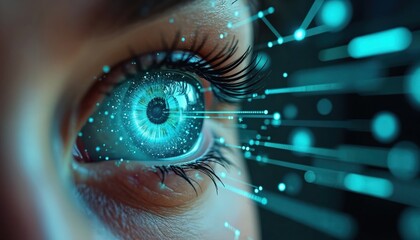 Close-up of human eye with digital interface elements. Futuristic tech vision concept, augmented reality, virtual reality, artificial intelligence, machine learning, neural networks, data analysis.