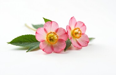 Closeup two rosehip flowers with leaves on white background. Pink rose blossom with golden stamens. Herbal medicine plant. Floral botanical studio shot concept for perfume, cosmetics.