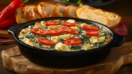 Classic Spinach and Artichoke Dip Baked in a Cast-Iron Skillet with Golden-Brown Baguette for Cozy Gatherings