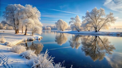 Frosty morning in a serene winter landscape with snow-covered trees and a frozen lake in the background, cold, frosty,  cold