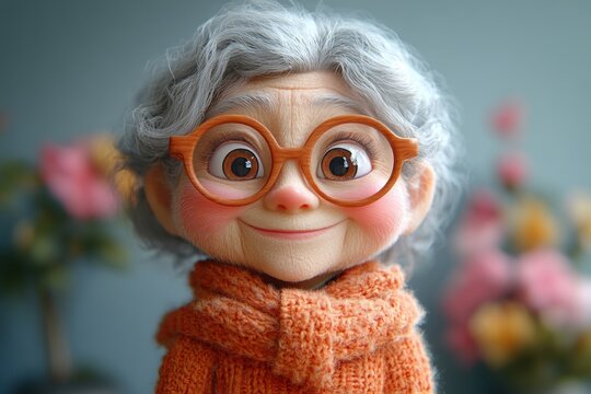 3d cartoon elderly woman waving hello cheerful granny character