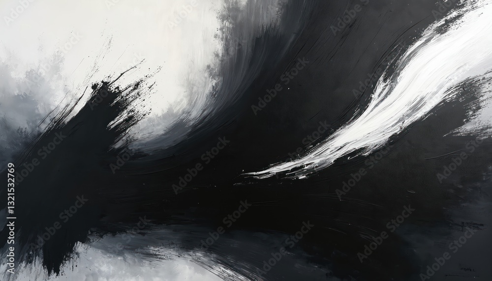 Poster abstract art featuring bold black, white paint strokes on canvas. dynamic contrast fluid movement ex
