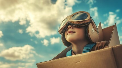 Child imagines flight in cardboard airplane.