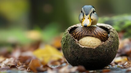 Adorable Duckling in a Nut Shell: A Charming Wildlife Photo