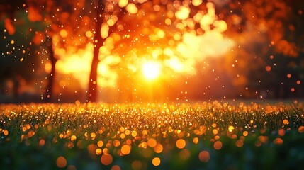 Dewdrops on Grass Bokeh Background in Golden Hour Light