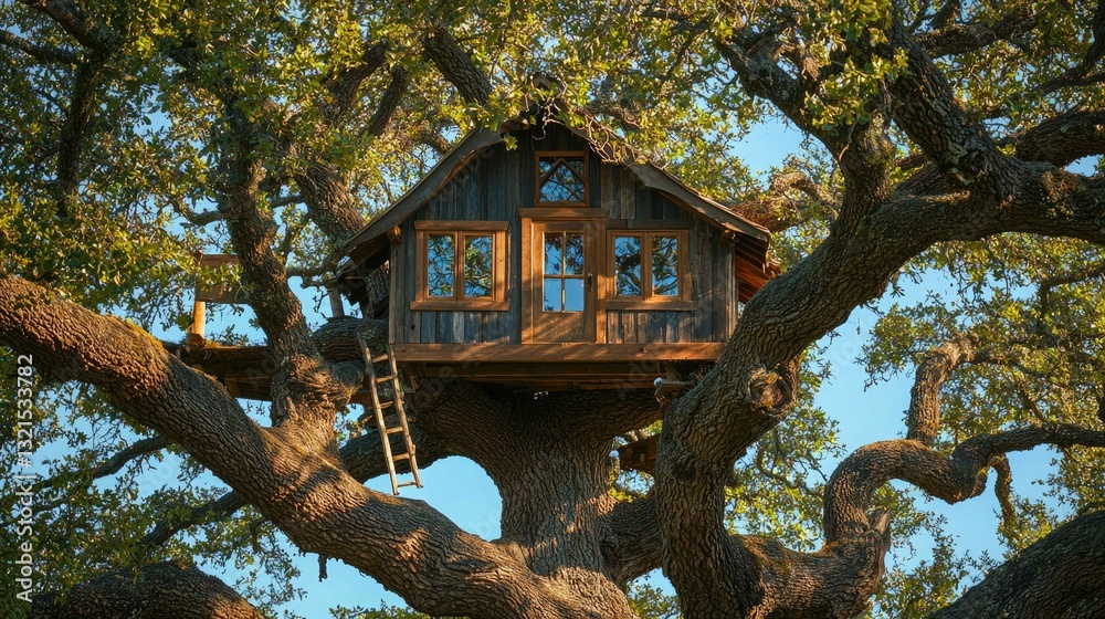 Poster a whimsical tree house nestled high in the branches of an old oak tree.