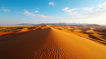 Stunning desert landscape with golden sand dunes under a clear blue sky.