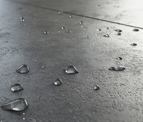 Water droplets on a dark gray textured surface.
