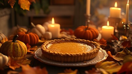 Obraz premium A Cozy Autumn Setting Featuring a Pumpkin Pie Surrounded by Seasonal Decorations