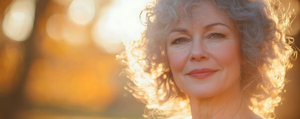Fototapeta premium Soft-focus portrait of mature woman with curly hair in golden light