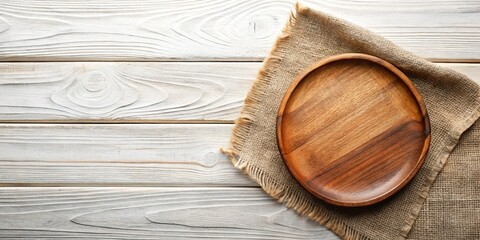 Empty Round Wooden Plate on Burlap, Rustic Table Top View