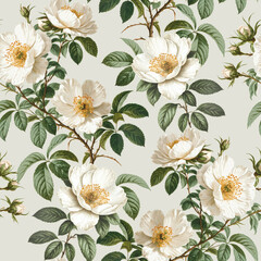 Seamless pattern design with victorian watercolor illustrations of dog rose flowers. Perfect for fabrics, wallpapers, clothes, home textile, packaging design, posters and other prints