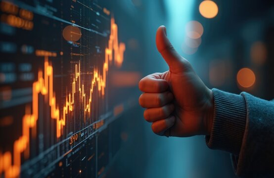 Hand showing thumbs-up gesture near digital graph illuminated with orange lights in futuristic tech setting. Concept of success in trading, investing, global economy and finance.
