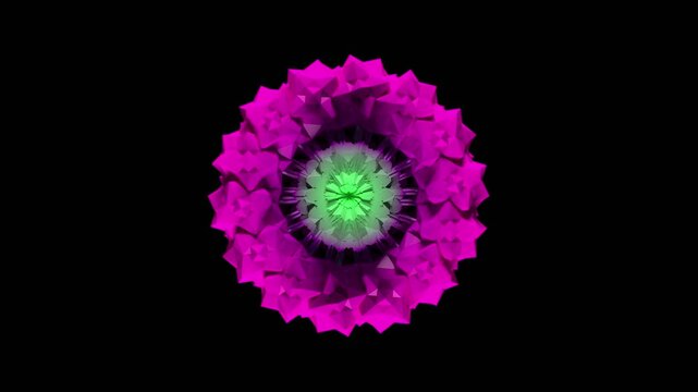 3d render animation of symmetrical multicolor basic compound poly with struts bloom movement, (looping) in the end animation is transform like the beginning form