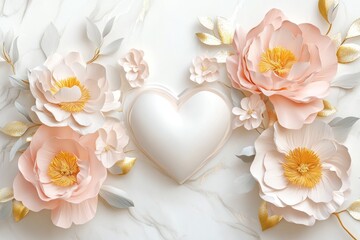 Obraz premium White heart surrounded by peach paper flowers on marble.