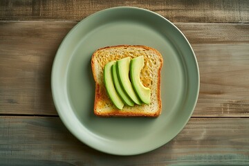 A slice of toast topped with green avocado slices on a simple green plate, set against a wooden background.